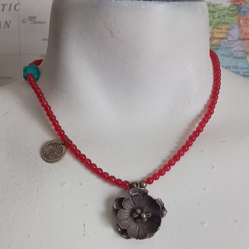 Red Jade Necklace with Silver Flower Pendant